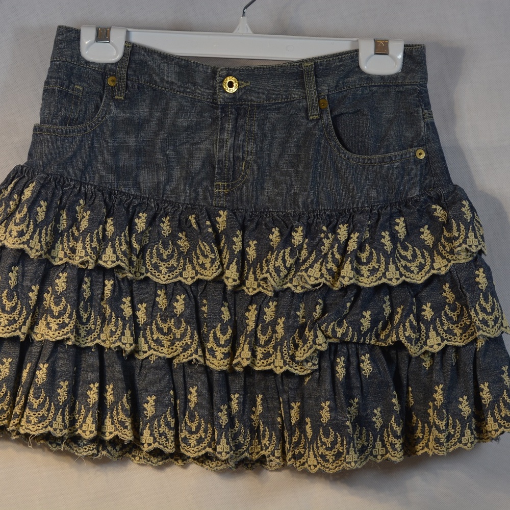 Denim Tiered Mini Skirt with Lace Embroidery